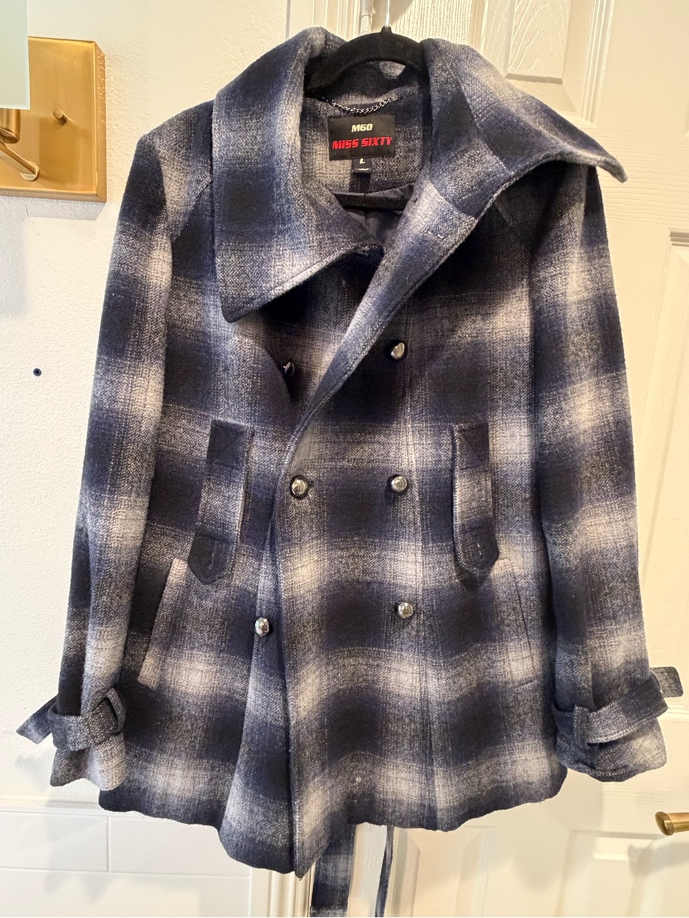 Miss Sixty Navy and White Plaid Double-Breasted Pea Coat